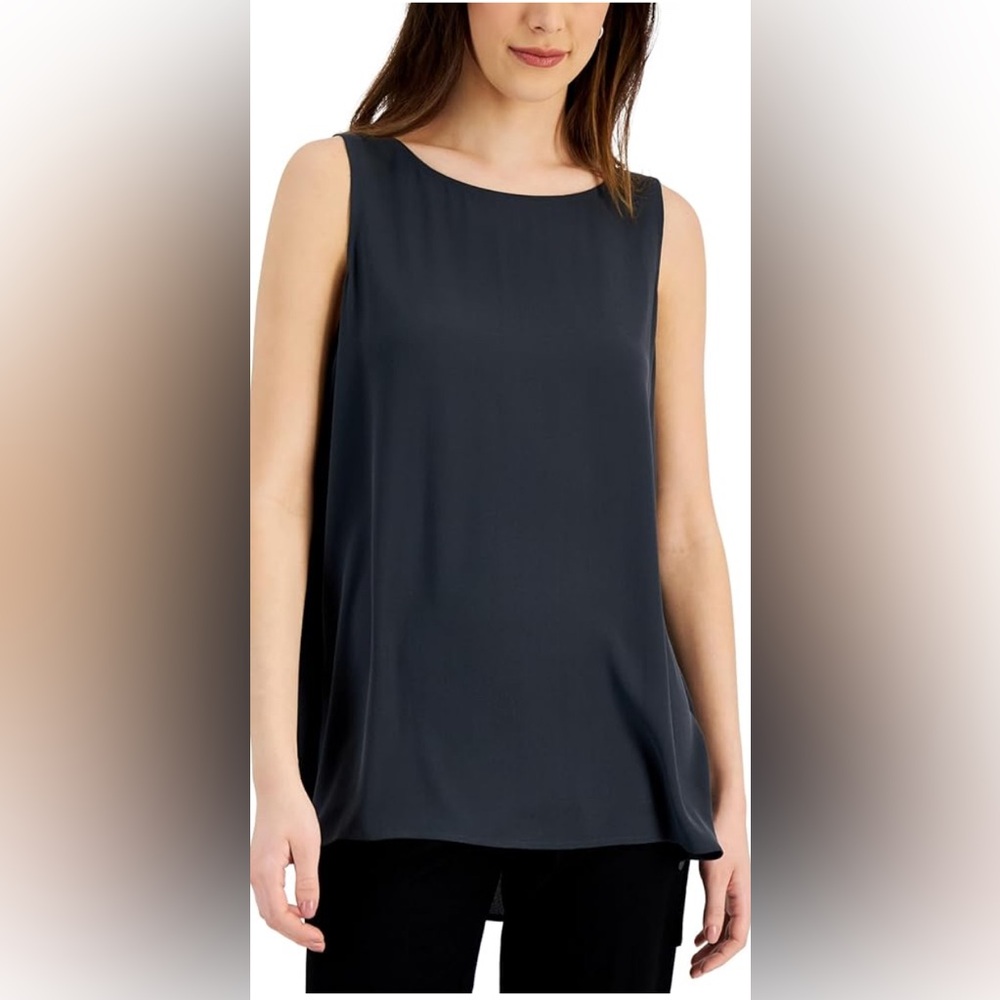 Eileen Fisher Sleeveless Navy Blue Crewneck Silk Top